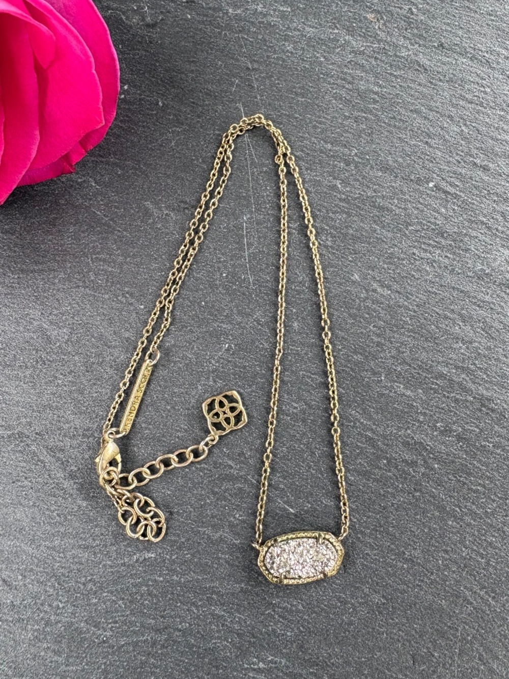 Kendra Scott Elisa Pendant Necklace Platinum Drusy 14k Gold Plate Vintage Patina